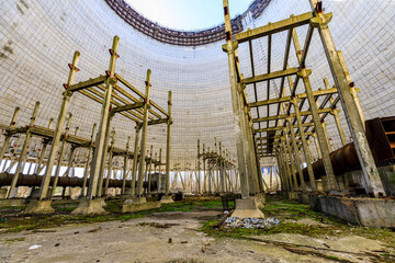 Ukraine, Pripyat, Chernobyl. Inside the unfinished cooling tower for reactors 5 and 6 which were...