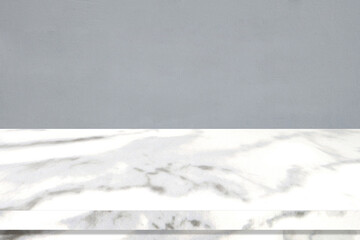Perspective marble table surface background, Grey and white marble table top for kitchen product display background, Empty desk, shelf, counter and grey wall for food and store backdrop, template