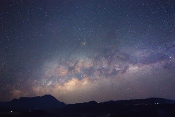 Clearly milky way galaxy at night. Image contains noise and grain due to high ISO. Image also contains soft focus and blur due to long exposure and wide aperture.