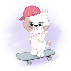 Cute little cat playing skateboard hand drawn cartoon illustration