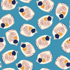 Bright seamless doodle pattern with white random butterfly fish ornament. Blue background. Creative design.