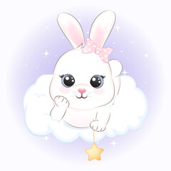 Cute Little Rabbit on the cloud hand drawn cartoon animal watercolor illustration