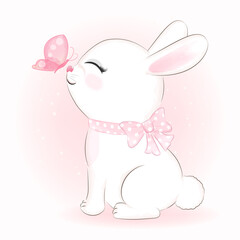 Cute Bunny and butterfly hand drawn cartoon animal illustration