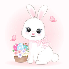 Cute Little Rabbit and eggs in basket hand drawn cartoon animal illustration