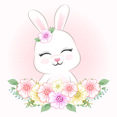 Cute Little Rabbit and flowers animal illustration