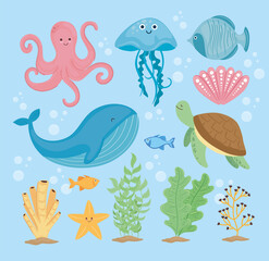 bundle of thirteen underwater world set icons vector illustration design