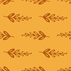 Autumn tones seamless pattern with light brown simple branches elements. Orange background.