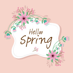 hello spring lettering seasonal card with pink flowers garden frame vector illustration design