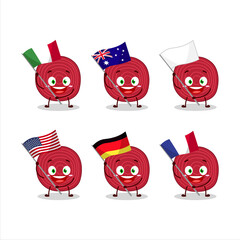 Slice of beet cartoon character bring the flags of various countries