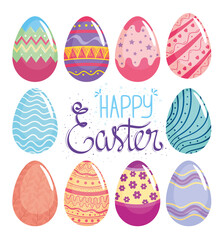 happy easter lettering card with eggs painted vector illustration design