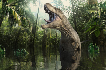ジャングルの奥地で牙の鋭い大きなティラノサウルスが口を開け唾液を滴らせながら咆哮している