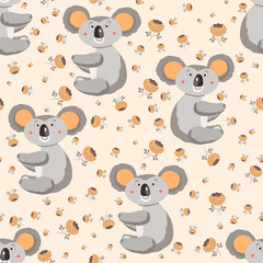 Seamless pattern with cute koala baby and flowers on color background. Funny australian animals. Card, postcards for kids. Flat vector illustration for fabric, textile, wallpaper, poster, paper.