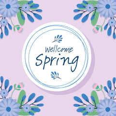 hello spring lettering seasonal card with purple flowers in circular frame vector illustration design