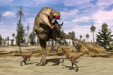 青空が広がる平原でヴェロキラプトルを一匹噛みくわえている巨大なティラノサウルスに仲間を助けようと攻撃をするヴェロキラプトルの群れ - obrazy, fototapety, plakaty