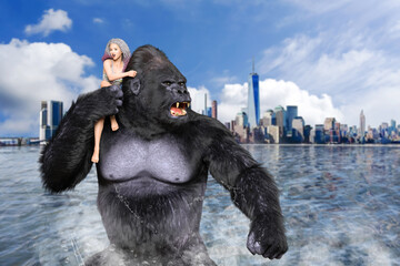 海辺の大都市から一人の可愛らしい少女を肩に乗せ大きな黒い体毛の雄ゴリラが海を渡り脱出をしている