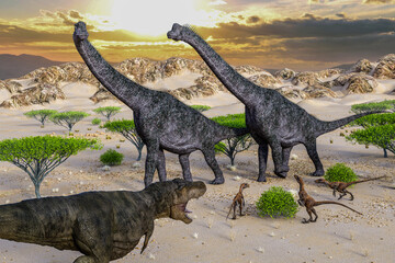 二頭のプラキオサウルスに三匹のヴェロキラプトルが迫る後ろに一匹のティラノサウルスがお腹をすかせて捕食しようと迫る