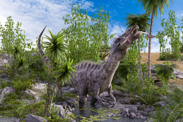 植物の生い茂る水辺で二足歩行の恐竜が牙が生え並んだ大きな口で魚を捕まえ食べている