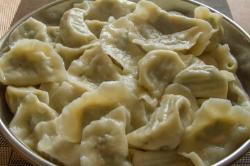 Boiled dumplings close up. Chinese food.