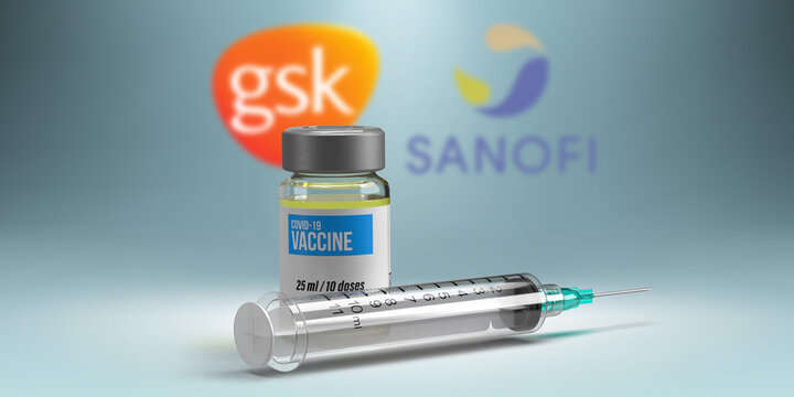 Istanbul-Turkey-02.12.2021; Covid-19 vaccine and business concept: 3D rendered Coronavirus vaccine bottle and syringe in front of de-focus GSK and SANOFI pharma company logo. 