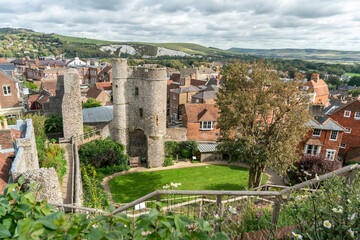 Norman Lewes Castle conservation area at Wallands Park, East Sussex county town with city landscape in background.