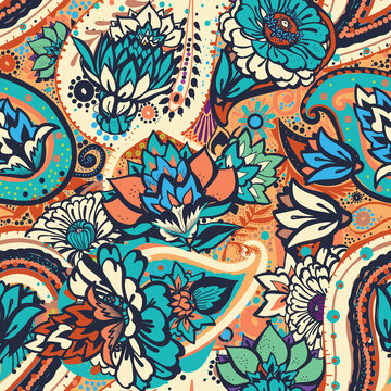 Seamless floral pattern in vintage oriental paisley style.