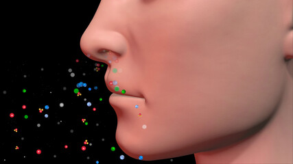 Human nose inhaling colorful particles . Person breathes out, exhales colored dots. 3d render illustration
