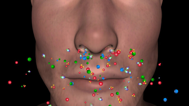 Human nose exhaling colorful particles . Person breathes out, exhales colored dots. 3d render illustration