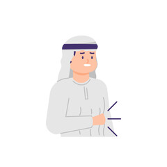 an Arab man holds her hand because of stomachache. illustration of a person having a cold, nausea or stomach ulcers. stomach growling with hunger. expression of an unhealthy person. flat style. vector
