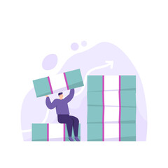 a concept of successful businessmen, rich people, increasing financial income. illustration of male employee trying to raise income, piling up a wad of banknotes. flat style. business vector