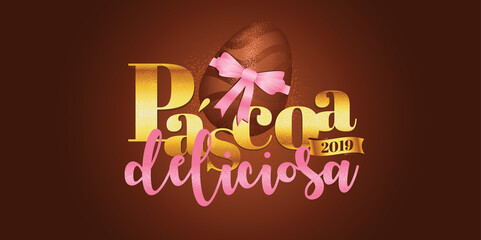 Portuguese brazilian title saying delicious easter. Easter design, golden easter logo elements, colorful ribbons. Vector illustration greeting card, ad, poster, flyer, web-banner, promotion