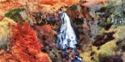 A waterfall in the middle of a wasteland. Picturesque landscape. Artistic work on the theme of nature