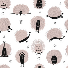 Hedgehogs doing Yoga. Funny characters for your design. Seamless Pattern