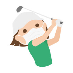 マスクをしてゴルフをしてる若い女性のイラスト 女性はゴルフクラブでスイングしてる Wall Mural Yukimco
