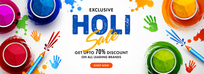 Vector illustration of Holi banner for sale and promotion for Festival of Colors celebration with message exclusive holi sale.