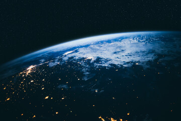 Planet earth globe view from space showing realistic earth surface and world map as in outer space point of view . Elements of this image furnished by NASA planet earth from space photos. © InfiniteFlow