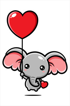 vector design of cute cartoon elephant flying with love balloon