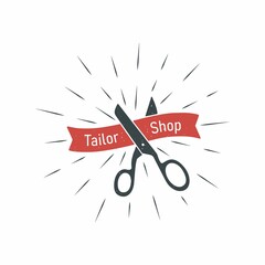 Colored illustration of scissors, rays, ribbon with text on a white background. Vector illustration in vintage style for emblem, label, badge, symbol. Tailor shop.