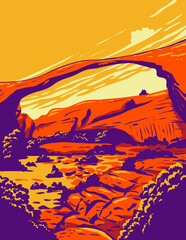 WPA poster art of the Landscape Arch, the longest of the many natural rock arches located in Arches National Park, Utah United States done in works project administration or federal art project style. © Redwater Vectors