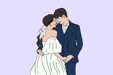 Groom and bride characters collection in wedding dresses. Hand drawn style vector design illustrations of wedding couple.