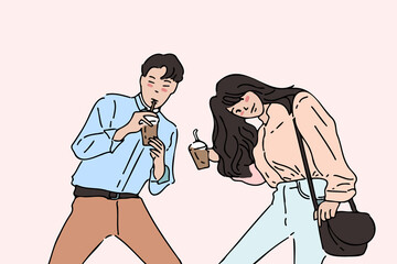 Fototapeta premium Portrait of a couple holding cup with drink and looking at camera isolated background hand-drawn style vector illustration