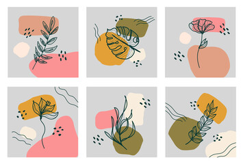 Abstract backgrounds with leaves. Social media banners with abstract geometric design with yellow, green, pink, brown colors hand-painted shapes, leaves, flowers and lines. Vector illustration.