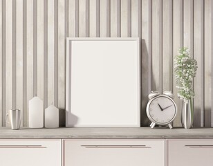 Template frame for photos and lettering. Candles and clock on the table. 3D rendering.	