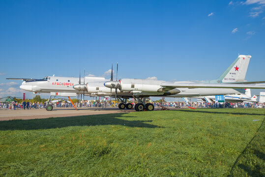 ZHUKOVSKY, RUSSIA - AUGUST 30, 2019: Soviet strategic bomber-missile carrier Tu-95MS "Krasnoyarsk" on the MAKS-2019 air show