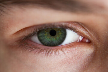Male eye without flare close-up macro shot. Green pupil.