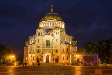 Fototapeta na wymiar Naval Cathedral of St. Nicholas the Wonderworker on a July night. Kronshtadt, Russia