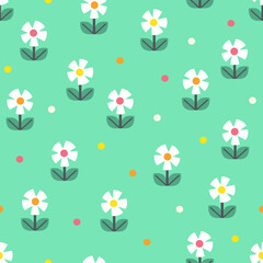 Bright seamless vector pattern with flowers and dots on the green background. Colorful spring and summer pattern.