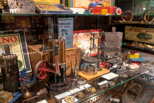 Brighton, England - December 10, 2019 : Old vintage Meccano Dinky Toy electrical experiments, dinky builder and chemical experiments Brighton Toy and Model Museum.