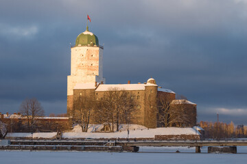 Vyborg Castle on February evening. Leningrad region, Russia