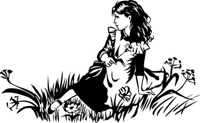 Girl sitting in the grass ink drawing. Summertime, chilling on picnic. Hand-drawn ink sketch with young girl. Hand drawn vector illustration