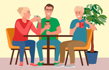 Circle of friends. People in the cafe. Friends eat and drink together. Friends had a good time together in a cafe. Vector male and female characters drinking coffee or tea and talking to each other.